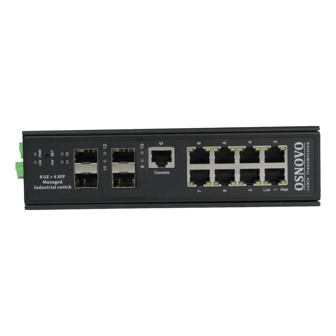 OSNOVO SW-70804/ILS SW-70804/ILS Промышленный управляемый (L2+) коммутатор Gigabit Ethernet на 8GE RJ45 + 4 GE SFP порта с функцией мониторинга температуры/ влажности/ напряжения