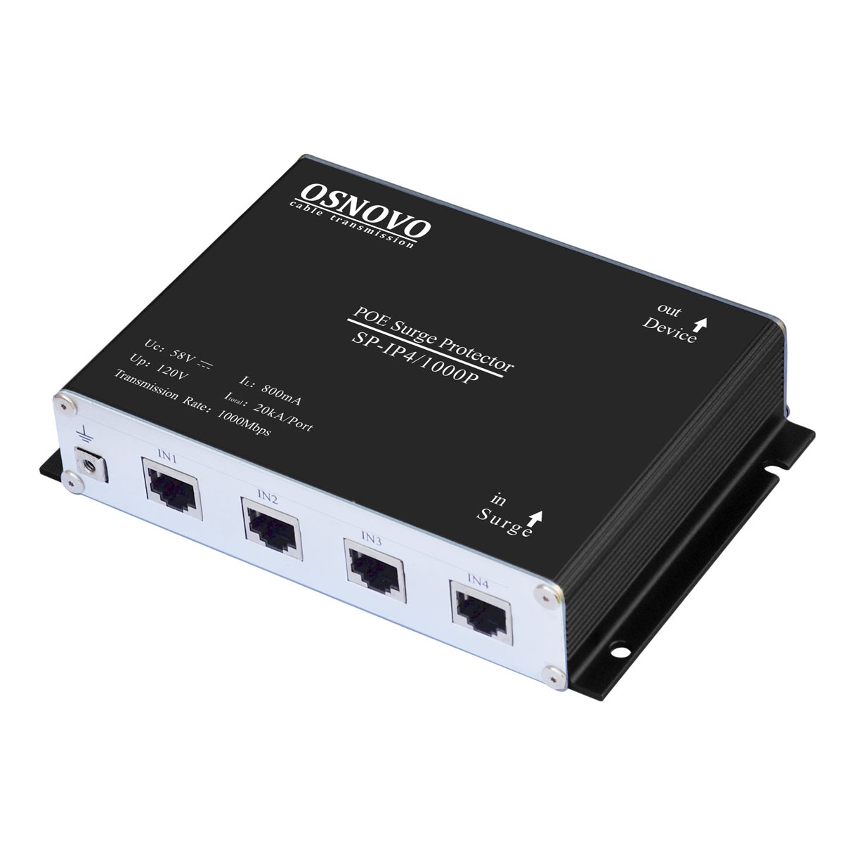 OSNOVO SP-IP4/1000P Устройство грозозащиты для локальной вычислительной сети на 4 порта (скорость до 1000 Мб/с) с защитой линий PoE (af/at, методы A + B, контакты 1/2, 3/6, 4/5, 7/8) Двухступенчатая защита